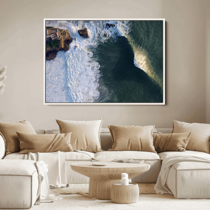 Canvas showing an aerial view of crashing waves along the Nazaré coastline, perfect for dramatic coastal or ocean-themed home decor.