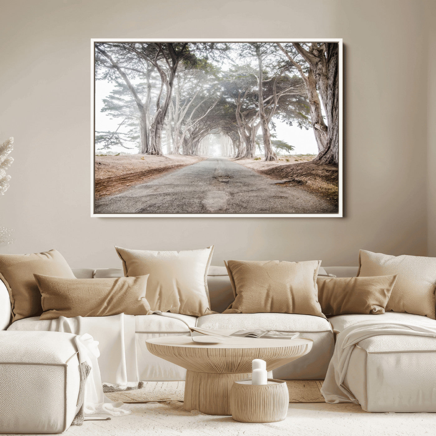 Canvas of a misty tree tunnel with arching cypress trees and an earthy road, ideal for rustic or coastal nature decor.