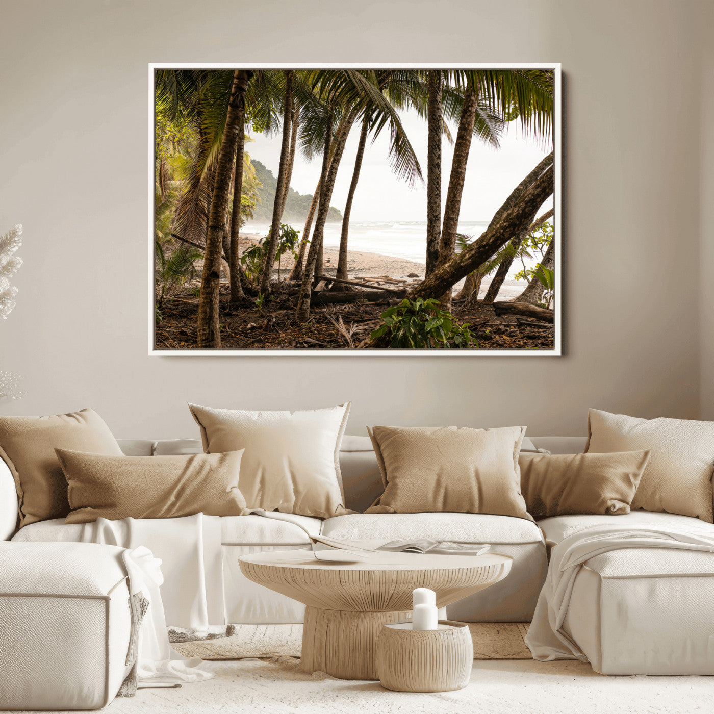 Dense tropical palm trees framing a sandy beach and ocean shore, ideal for jungle or coastal themed interior wall decor.
