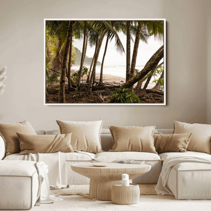 Dense tropical palm trees framing a sandy beach and ocean shore, ideal for jungle or coastal themed interior wall decor.