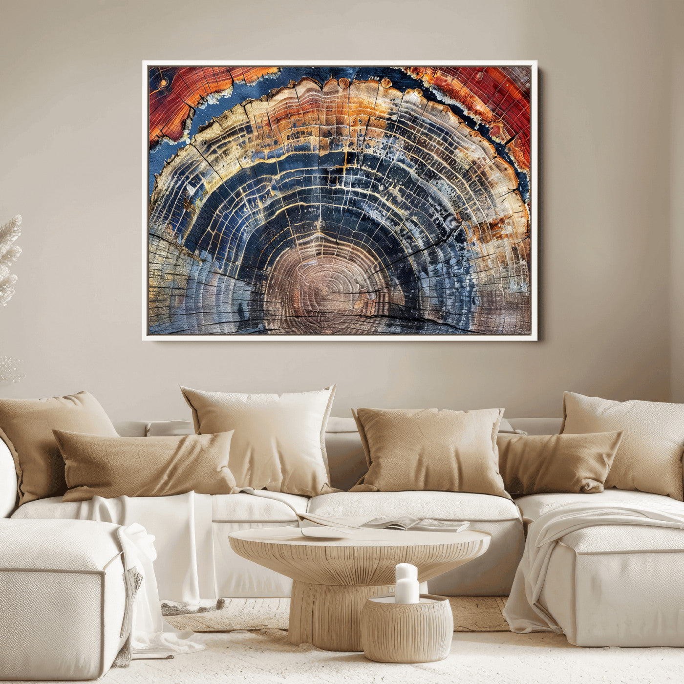 Vibrant tree ring with orange, brown, and blue tones in abstract detail, perfect for rustic or boho-inspired wall decor.
