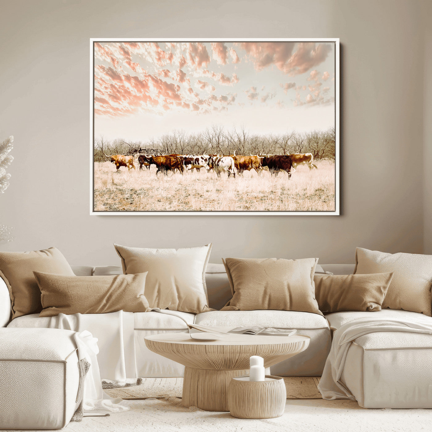 Cattle herd in a soft-toned field under a pastel pink sky, creating a peaceful rustic feel, perfect for farmhouse or western-themed spaces.
