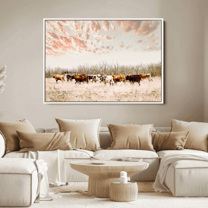 Cattle herd in a soft-toned field under a pastel pink sky, creating a peaceful rustic feel, perfect for farmhouse or western-themed spaces.