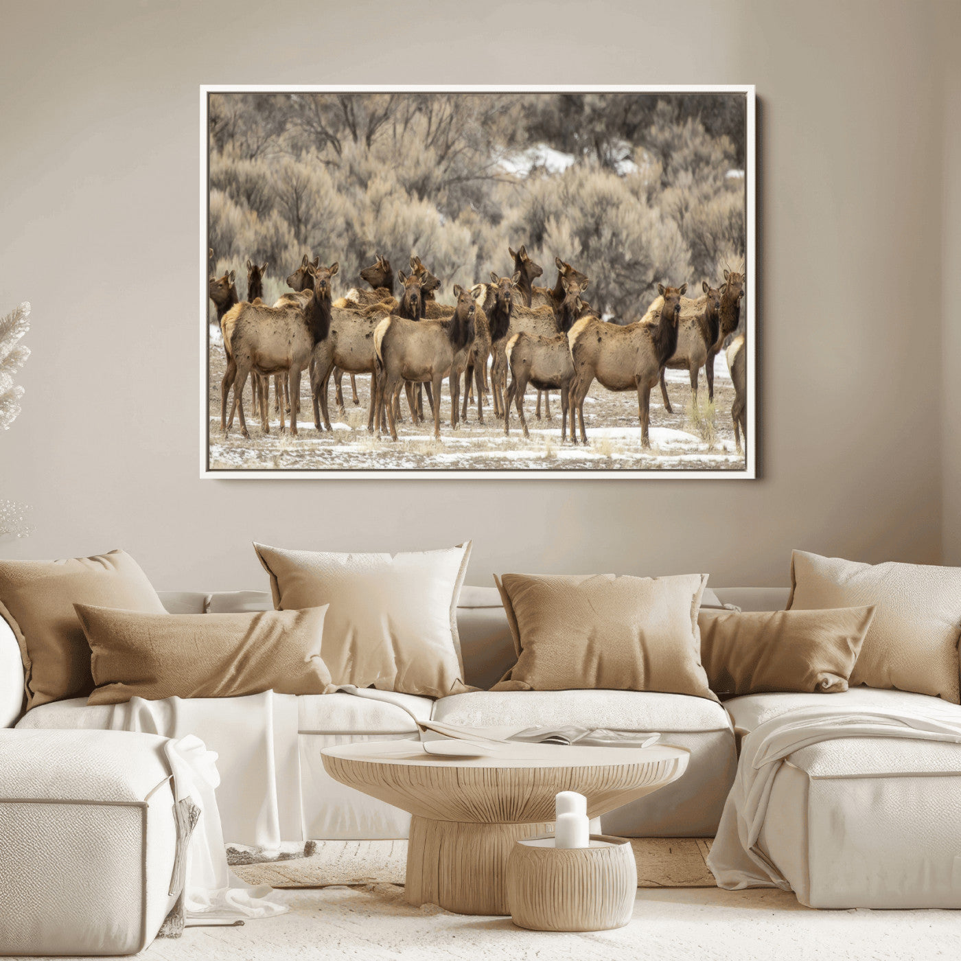 A large herd of elk standing in an open field with soft earthy tones, ideal for rustic lodge or western-themed home wall decor.