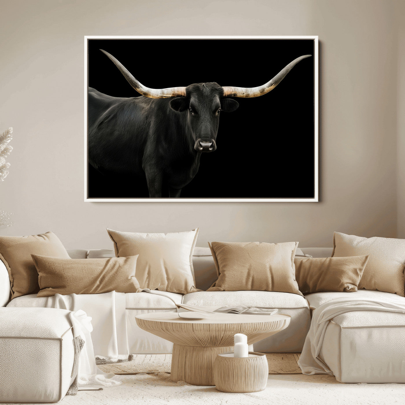 Close-up of a black Texas longhorn with large curved horns on black background, ideal for rustic farmhouse or modern western interiors.