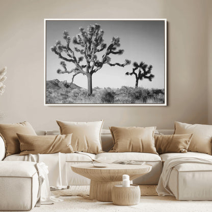Black and white Joshua trees in a rugged desert landscape, creating a calm and minimalist feel for natural or rustic-themed interiors.