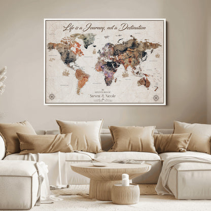 96000140-MGV-CV-36X24-Custom Push Pin World Map Wall Canvas Print – Personalized Travel Tracker with Pins – Framed Large Multi-Size Canvas for Home Office Decor