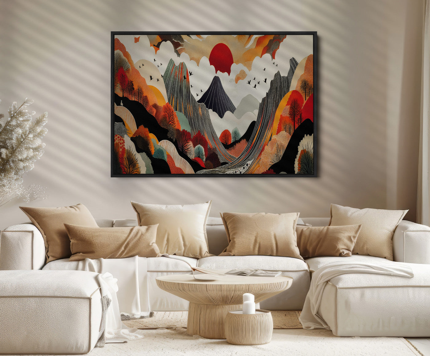 Abstract Mountain Wall Art Canvas Print, Vibrant Landscape Print, Framed Stylized Nature Drawing Art Print, Large Sunset Mountains Printing Perfect for Contemporary Minimalist Decor