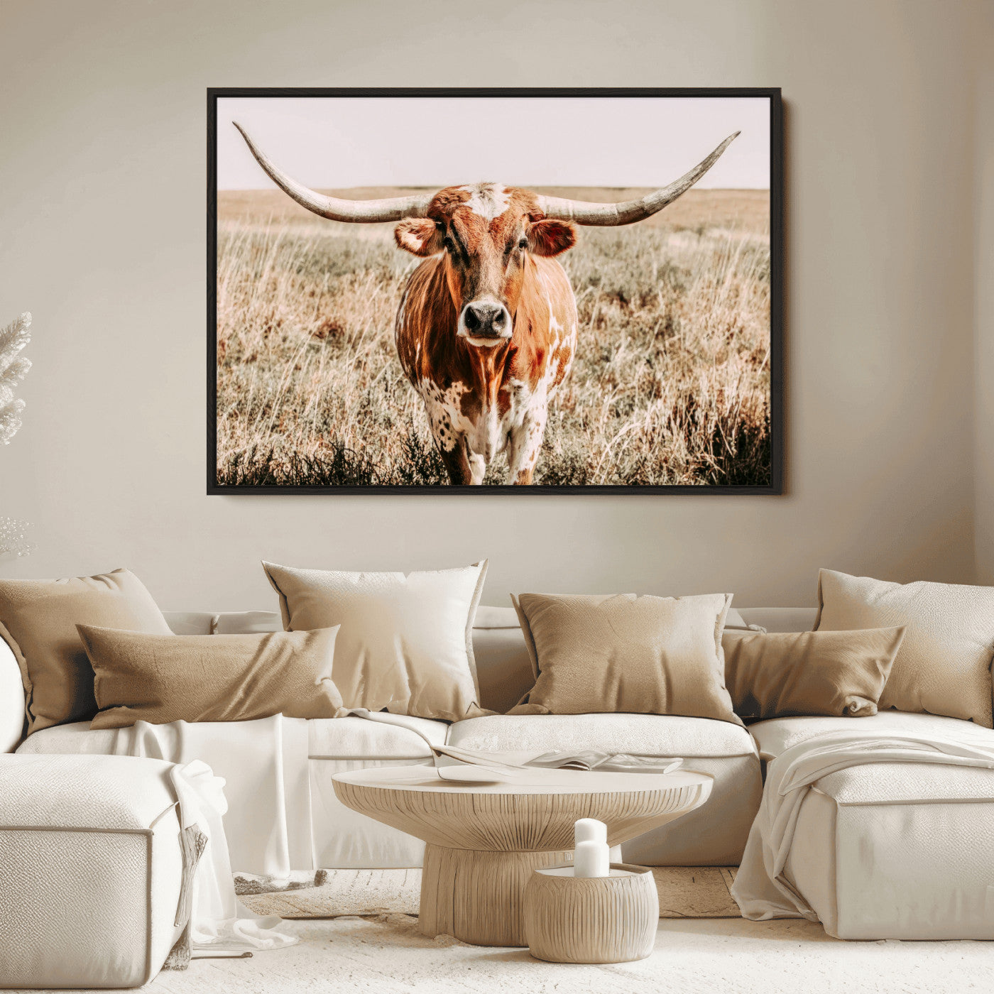 Framed longhorn cow canvas wall art with rustic prairie background, western animal print perfect for farmhouse or ranch style decor