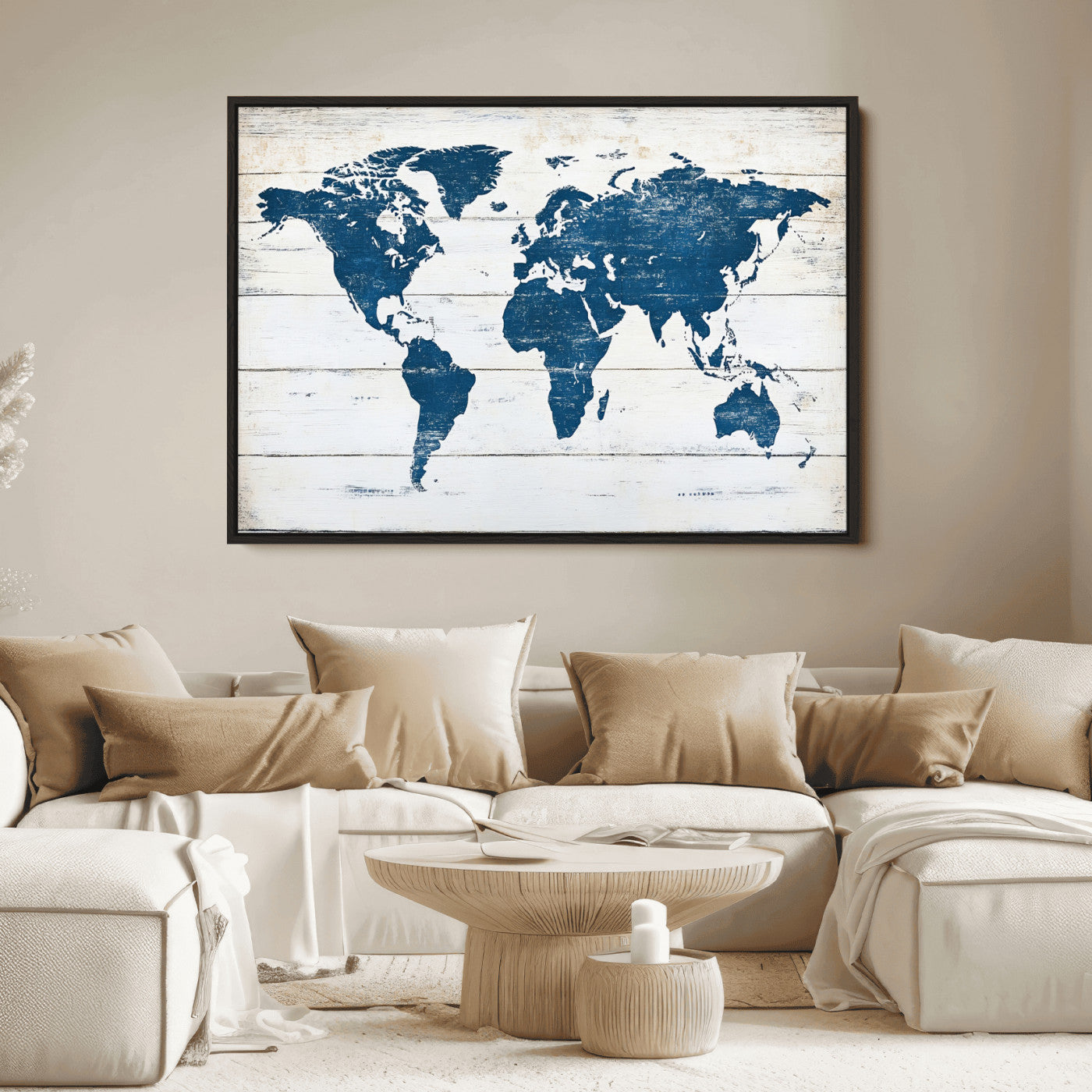 Rustic world map with blue continents on distressed wooden planks, perfect for coastal, explorer, or vintage-style wall decor.