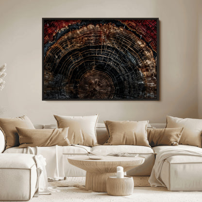 Dark Wood Wall Art Print - Petrified Tree Canvas Print, featuring an intricate tree ring pattern with deep earthy tones and organic textures, perfect for rustic and nature-inspired decor.