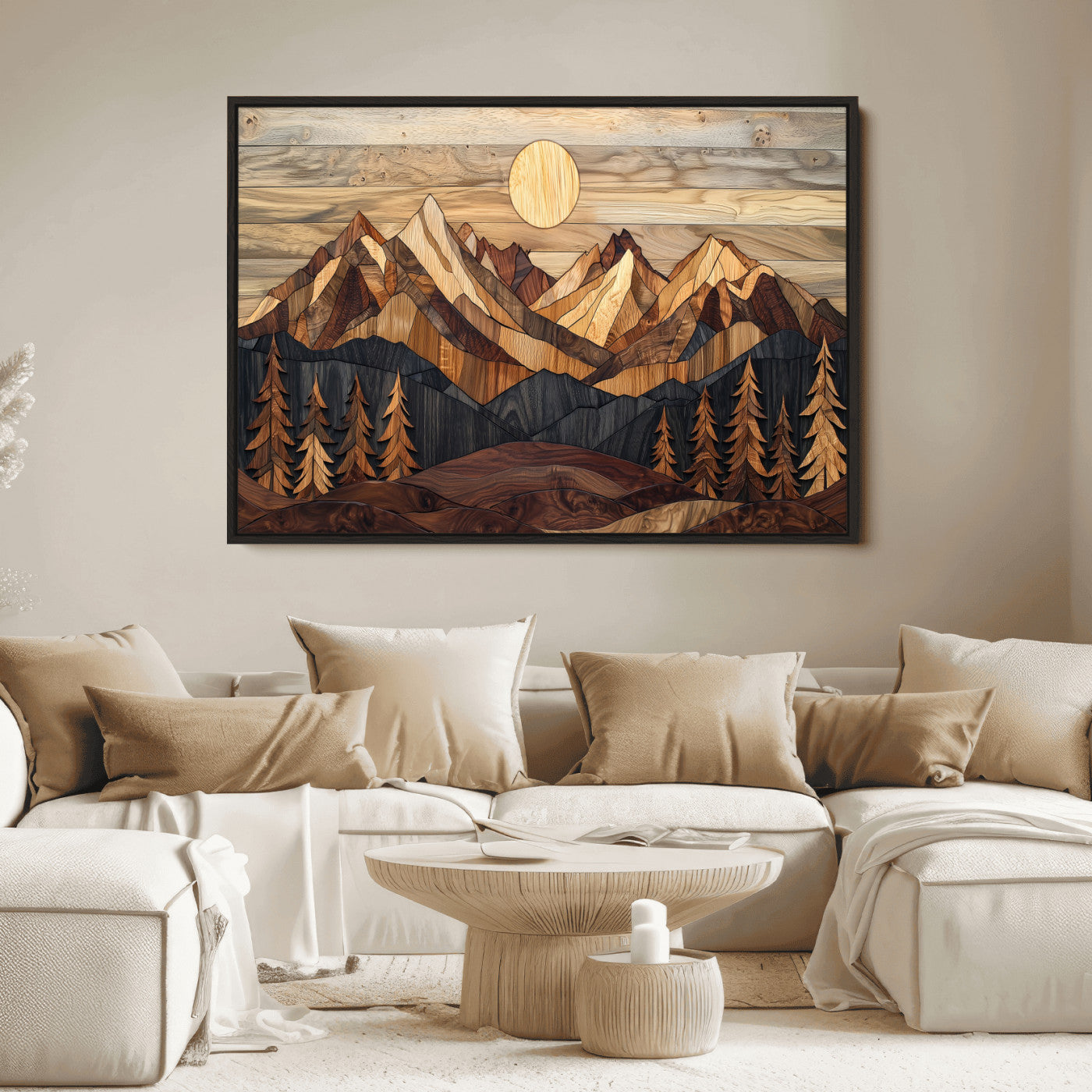 Mountain Landscape Wall Art Print - Sunset Hills Canvas Print, featuring an abstract nature scene with earthy tones and misty peaks, perfect for boho and modern decor.