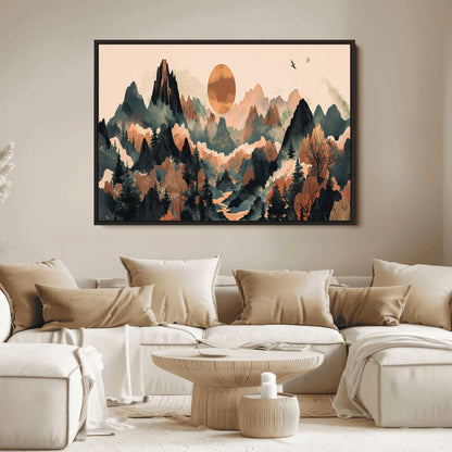 Mountain Landscape Wall Art Print - Sunset Hills Canvas Print, featuring an abstract nature scene with earthy tones and misty peaks, perfect for boho and modern decor.