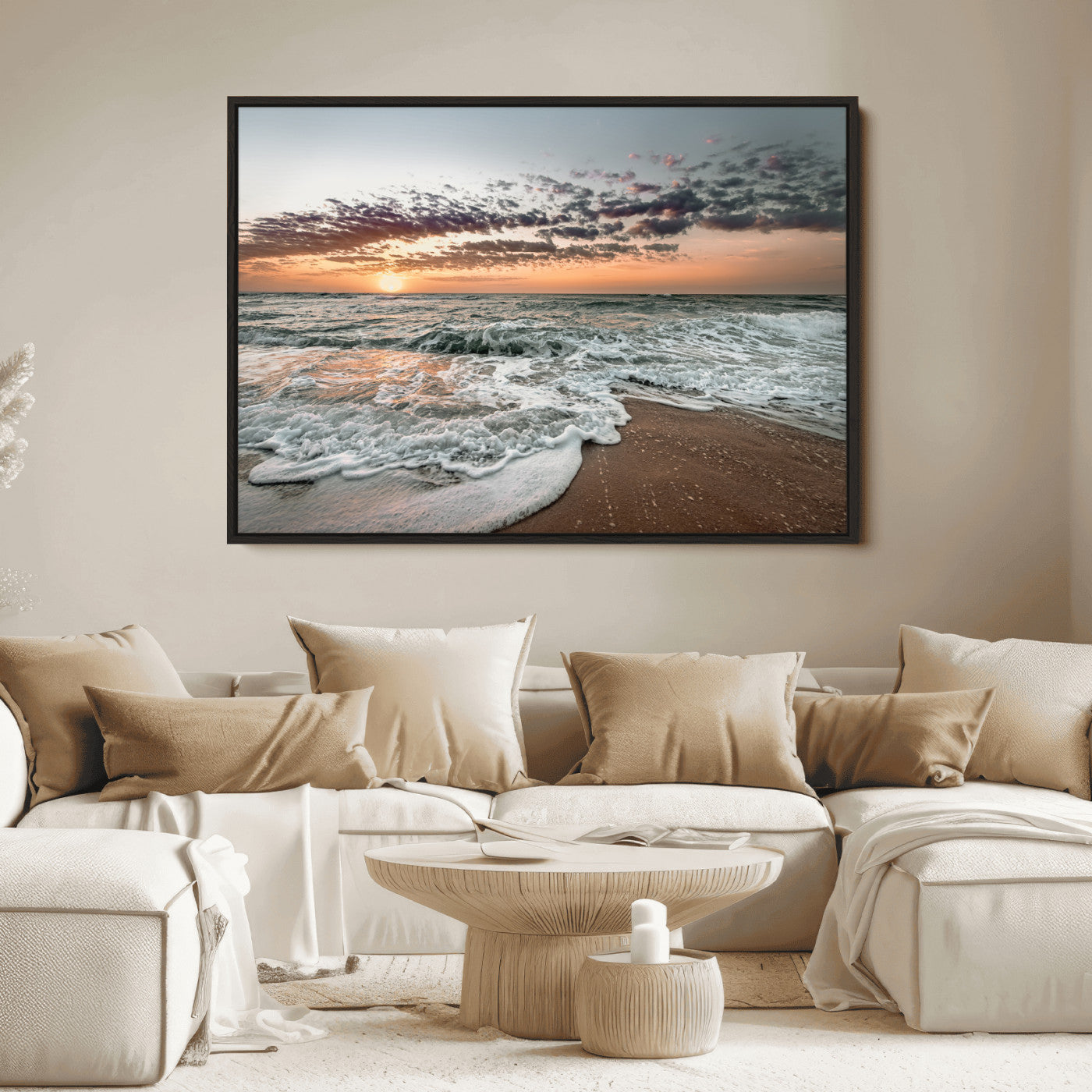 Ocean Sunset Wall Art Print - Beach Waves Canvas Print, featuring a serene seascape with golden sunlight reflecting on gentle waves, perfect for coastal and minimalist decor.