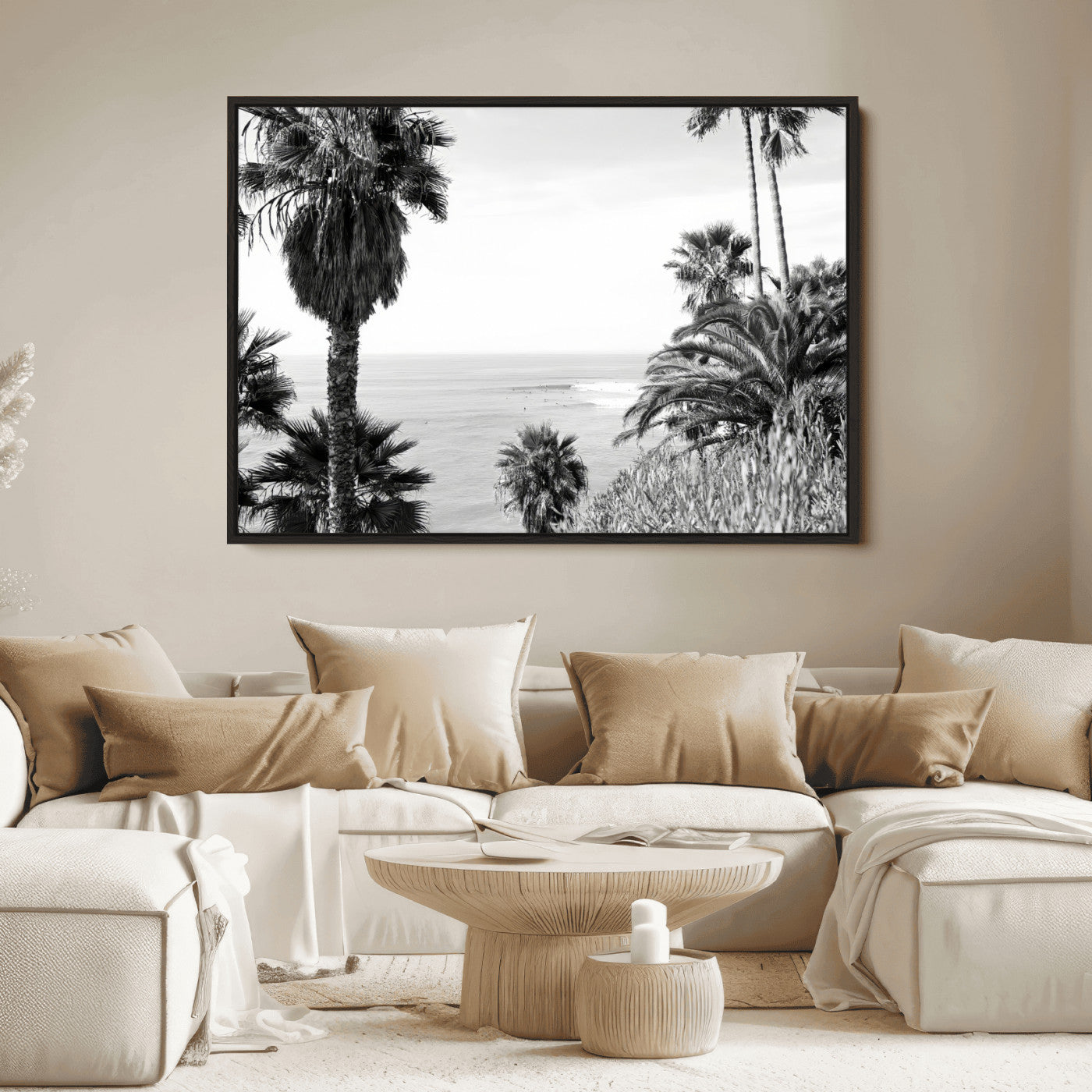 Monochrome canvas of palm trees framing a coastal surf scene, perfect for California-inspired or retro black-and-white beach decor.