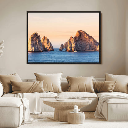 Framed canvas of El Arco rock formation in Cabo San Lucas at golden hour, ideal for coastal landmark or ocean-inspired decor.