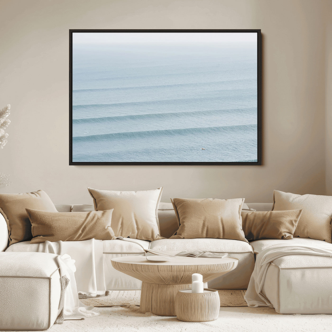 Framed canvas of repeating ocean waves with a distant solo surfer, ideal for minimalist ocean or calm coastal wall decor.