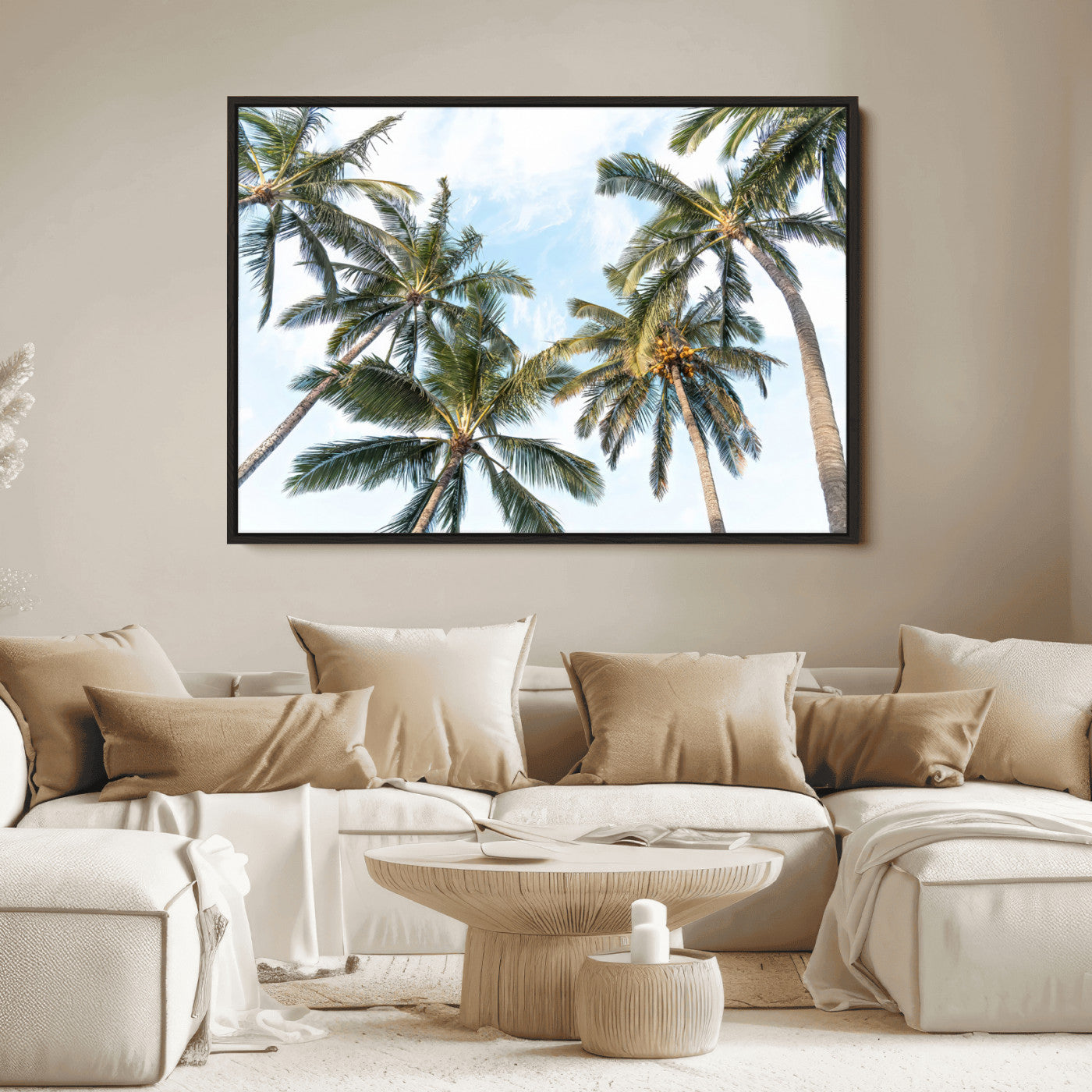 Framed canvas of tall palm trees reaching into a tropical sky, ideal for beach home or relaxed island-inspired wall decor.