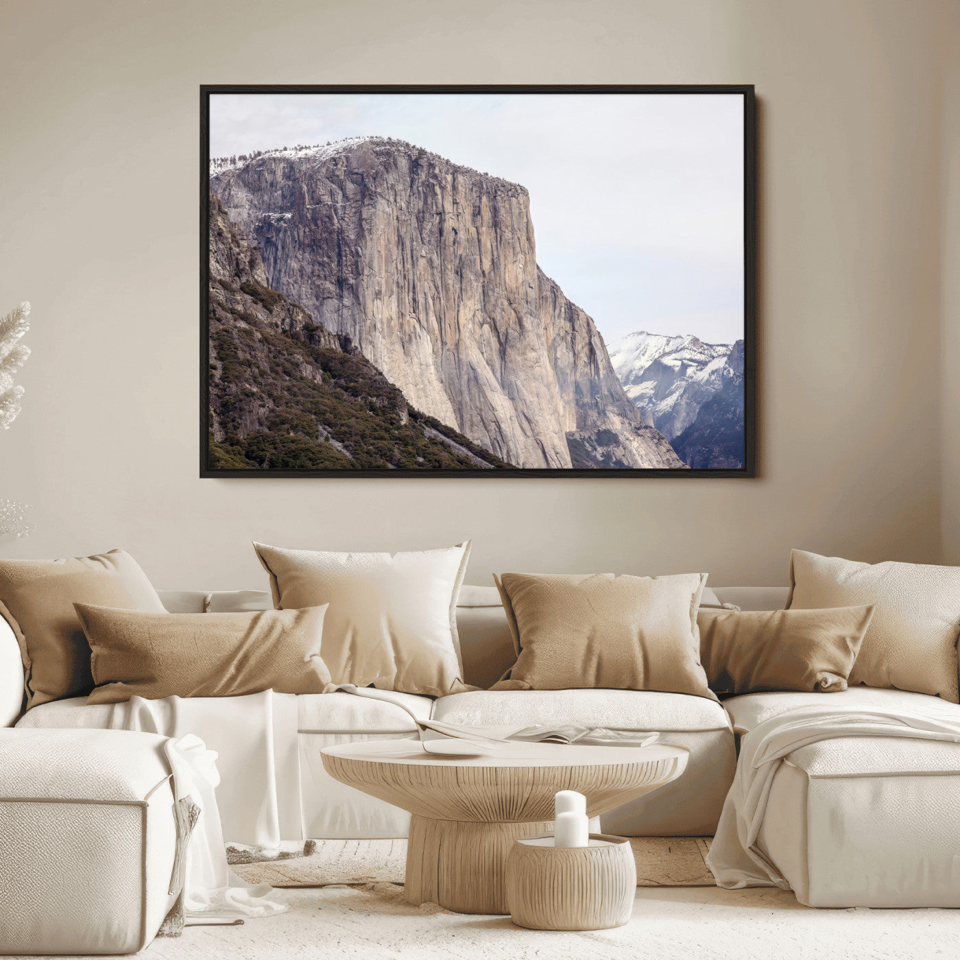 Framed canvas of El Capitan’s vertical granite face in Yosemite with snowy peaks, ideal for Sierra minimalism or mountain-inspired decor.