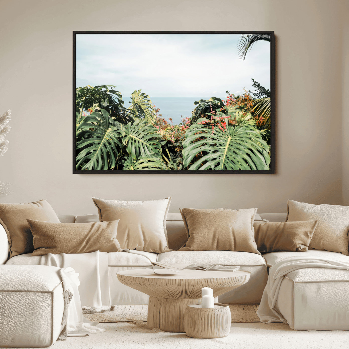 Monstera leaves and tropical flowers framing a calm ocean view, ideal for tropical coastal or exotic jungle-style interior wall decor.