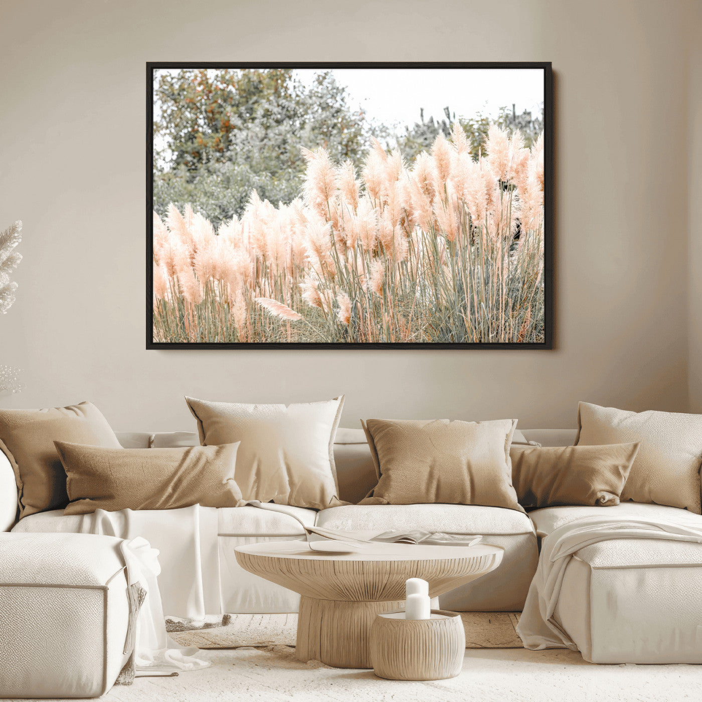 Soft pastel pampas grasses in a natural setting, ideal for neutral boho or rustic botanical-style interior wall decoration.