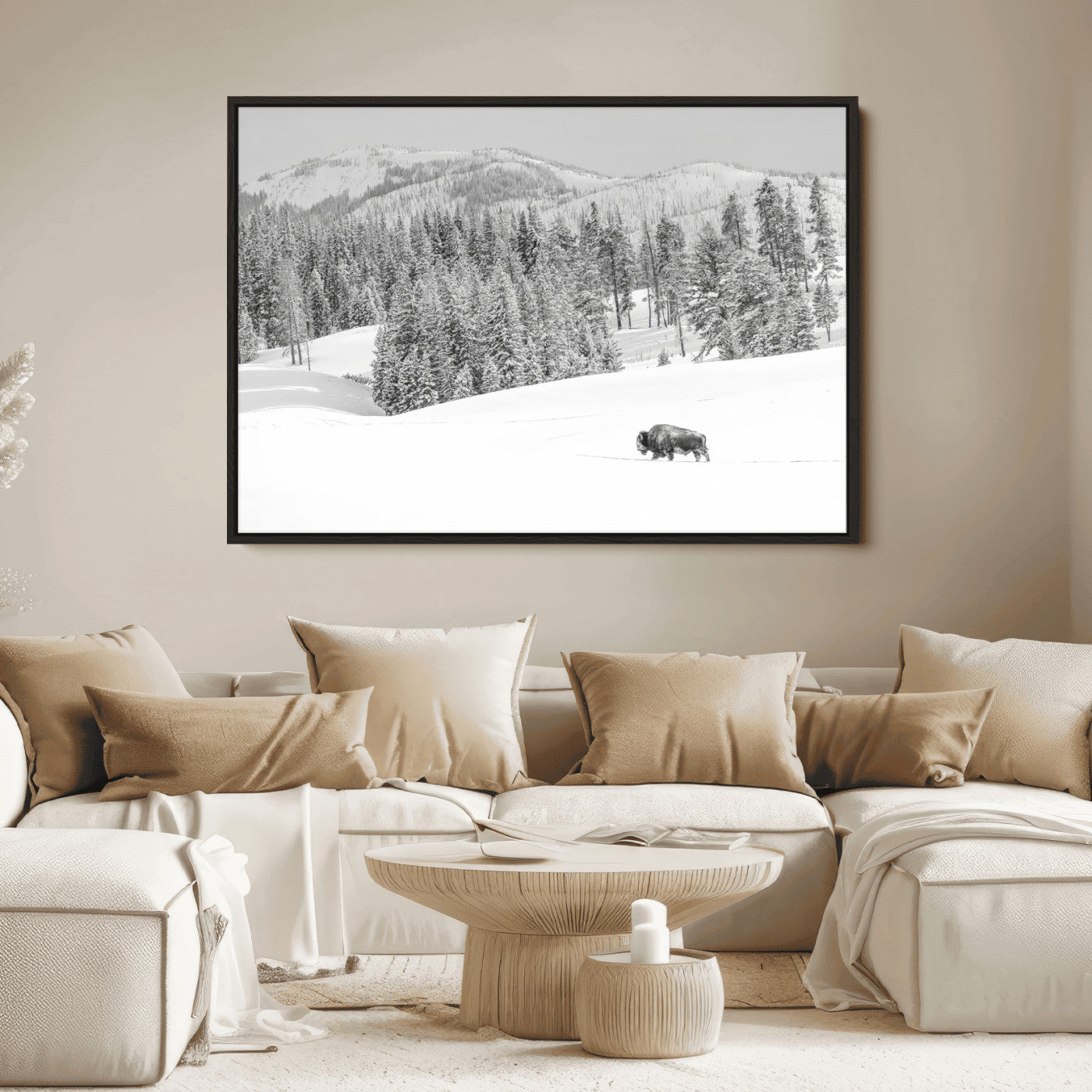 Snowy bison walking through white forest landscape, ideal for monochrome winter or wilderness-style interior wall decoration.