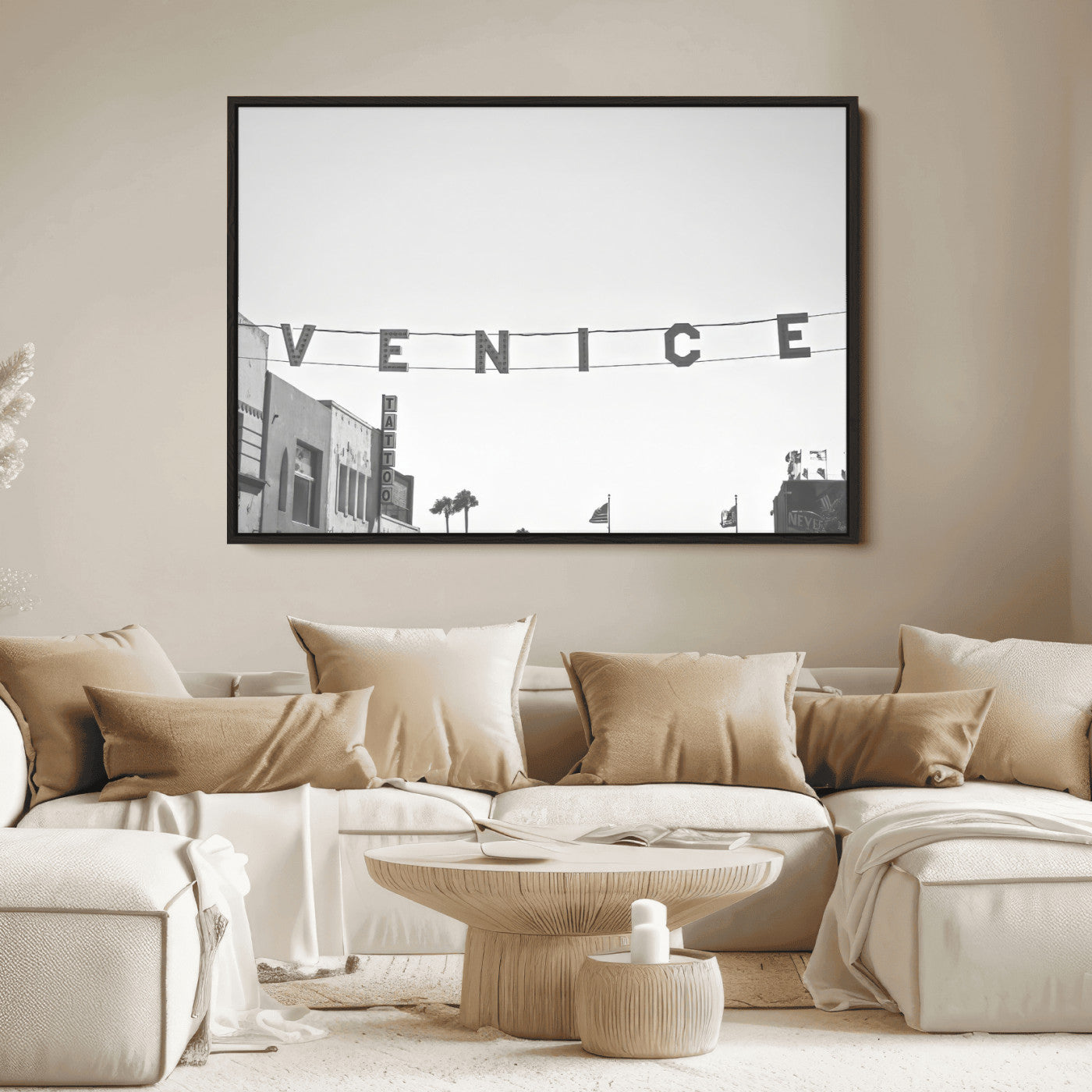 Black and white photo of Venice Beach sign and palm-lined street, perfect for urban coastal or minimalist LA-inspired wall decoration.