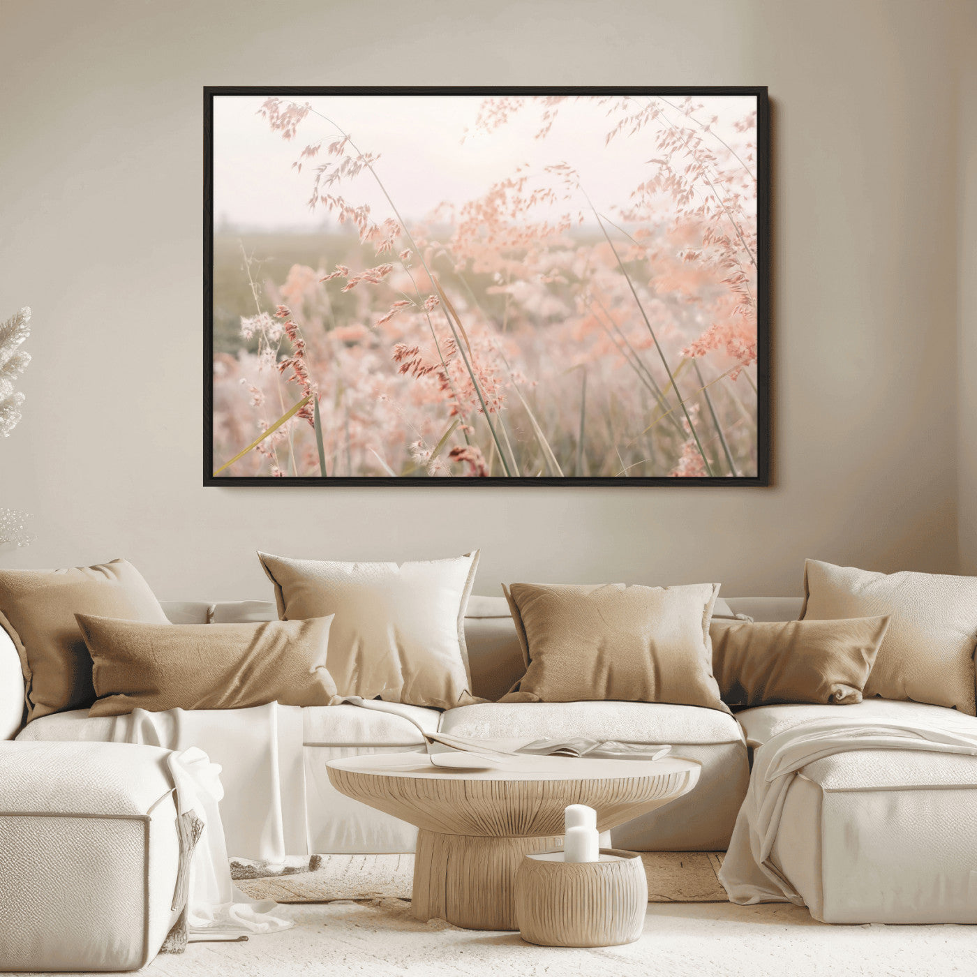 Soft pastel field with wild grasses in warm light, ideal for minimal nature or airy countryside-inspired interior wall decoration.