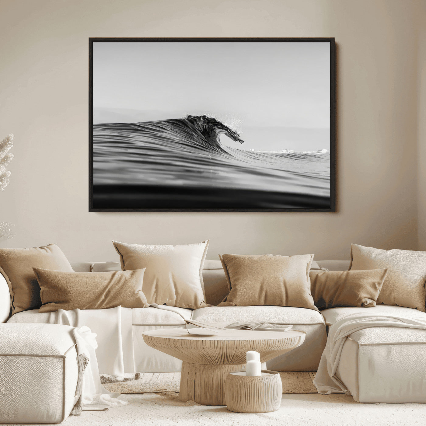 Striking black and white photo of a curling wave, ideal for modern coastal or minimalist wall decor settings.