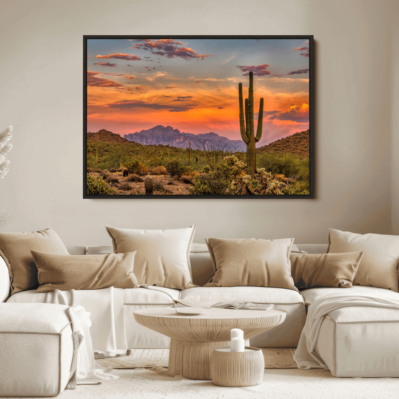 Vibrant desert sunset with saguaro cacti and distant mountains, perfect for Southwestern or warm-toned home decor.