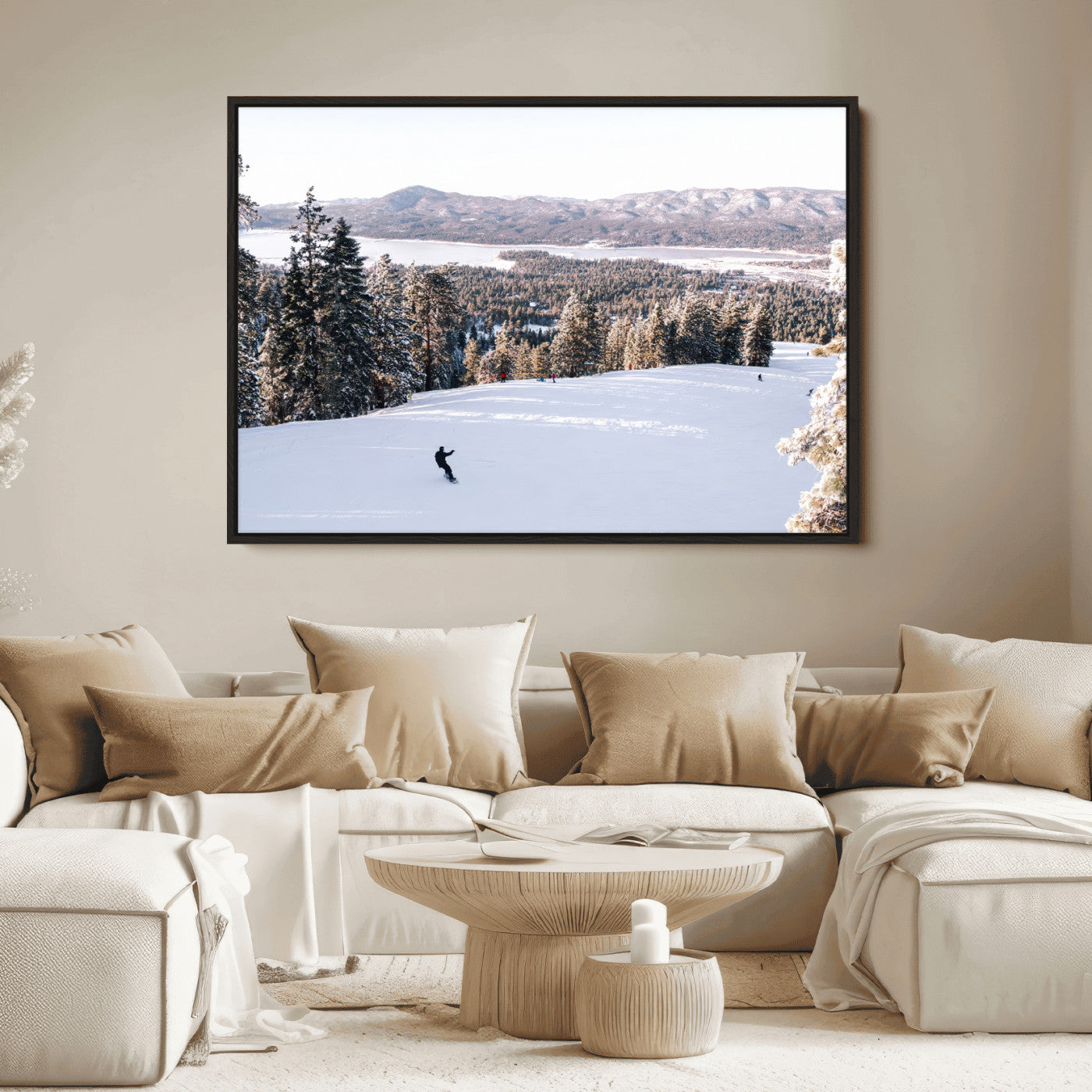 Canvas of a snowy mountain ski slope with pine trees and bright winter light, ideal for modern rustic or alpine-inspired home decor.