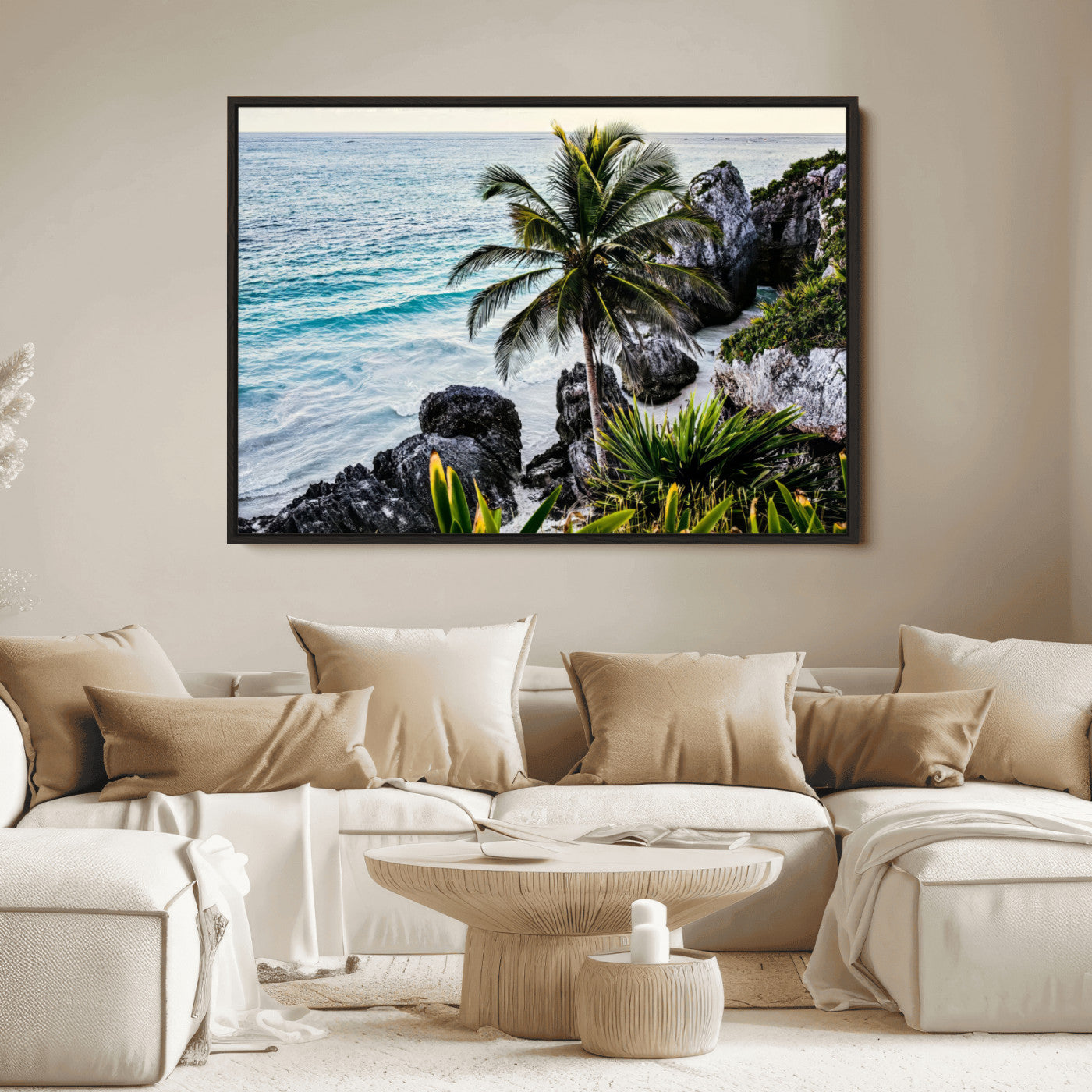 Framed canvas of a vibrant tropical coastline with palm trees, rocky cliffs, and turquoise waters, ideal for tropical coastal home decor.