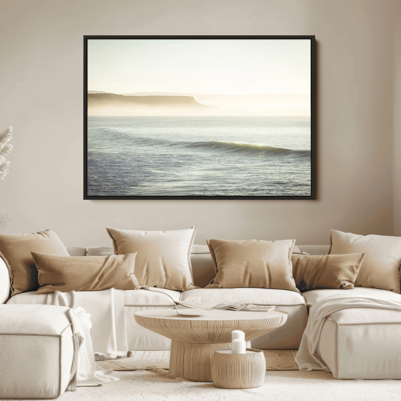 Canvas of a misty ocean scene with coastal cliffs and soft neutral tones, ideal for Scandinavian coastal or minimalist nature-inspired home decor.