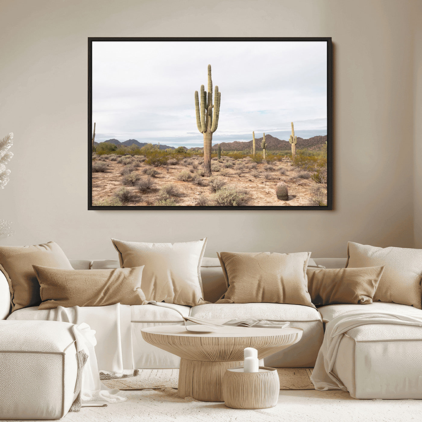 Canvas of a saguaro cactus in an earthy Sonoran desert landscape, ideal for Southwestern Boho or desert minimalism inspired home decor.   2/2