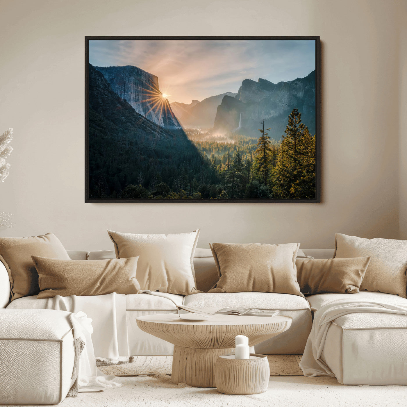 Canvas of Yosemite Valley at sunrise with dramatic rays and earthy tones, perfect for vintage explorer or wilderness-themed home decor.