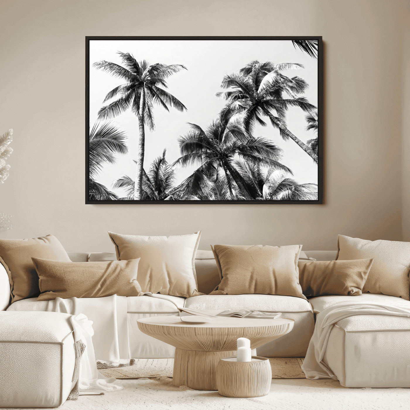 Black and white canvas of tall palm trees in moody tones, perfect for modern tropical minimalist or coastal-style home decor.