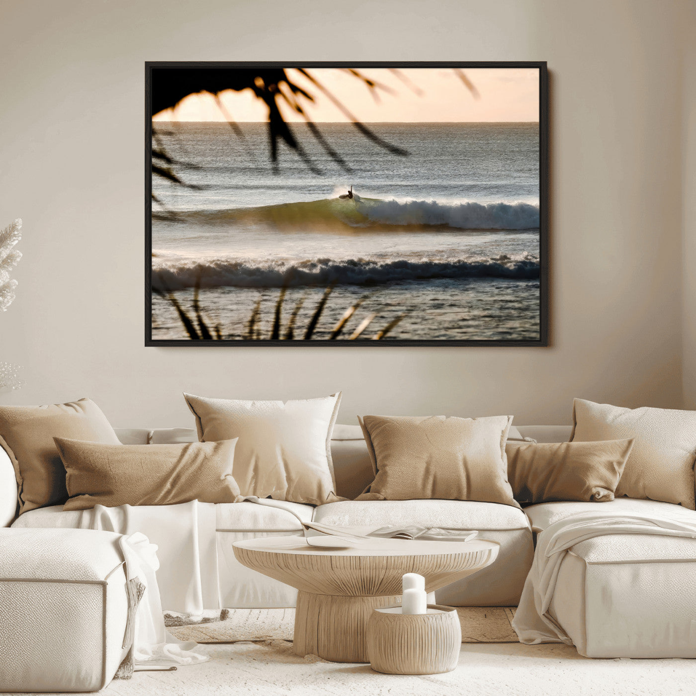 Photo of a surfer riding a golden hour wave at sunset, with tropical tones and dreamy light, perfect for tropical boho or coastal home decor.