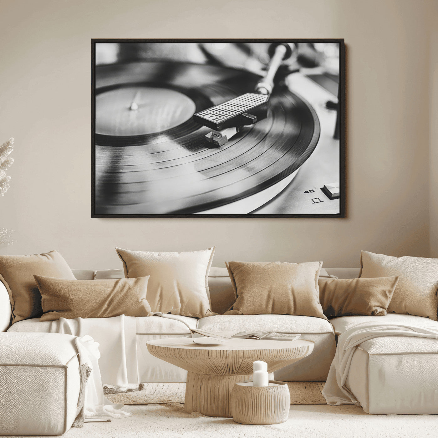 Black and white close-up of a vinyl record player with moody tones, ideal for vintage industrial or retro-style home decor.