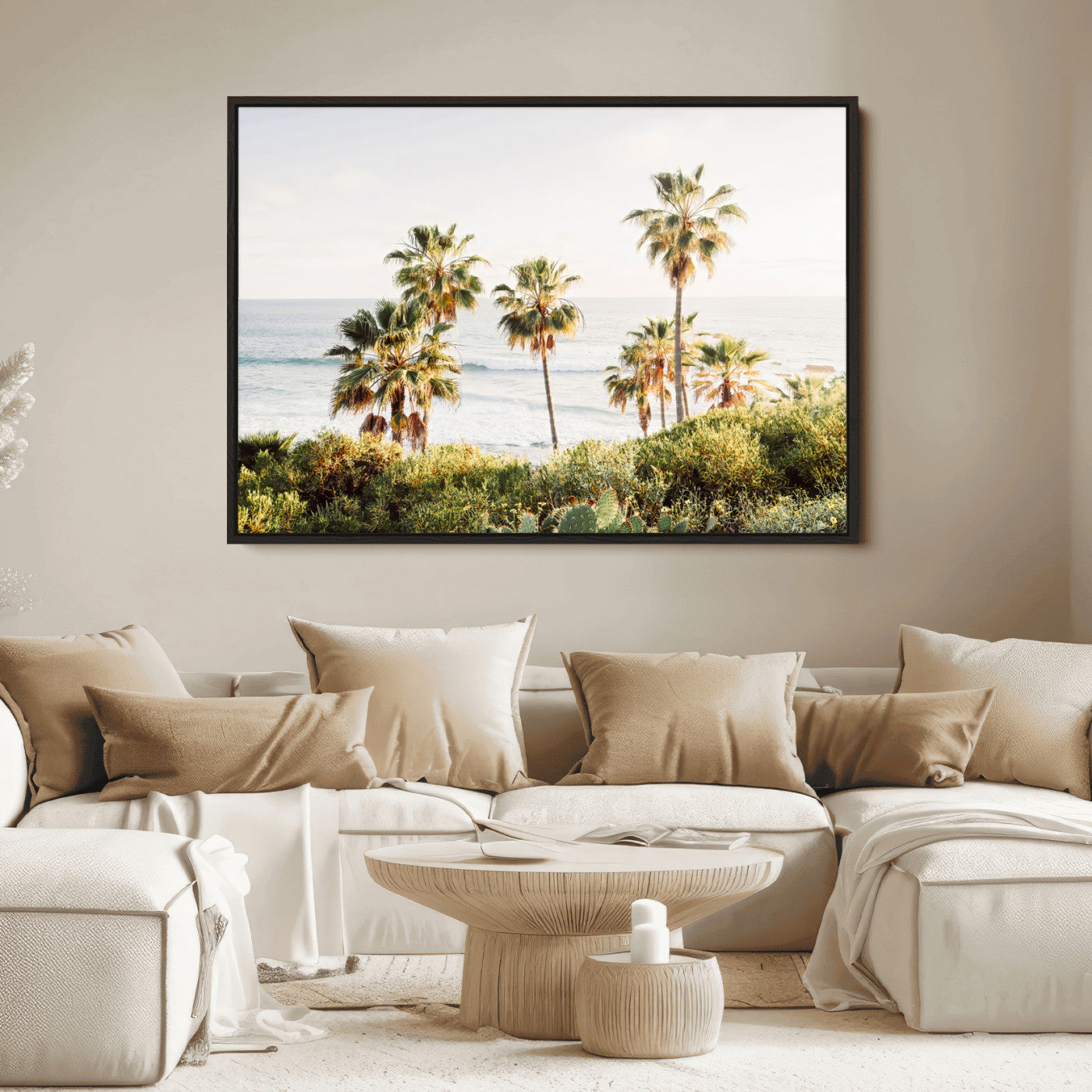 Framed print of sunlit palm trees on the California coast with warm tones, perfect for coastal minimalist or beach-style home decor.
