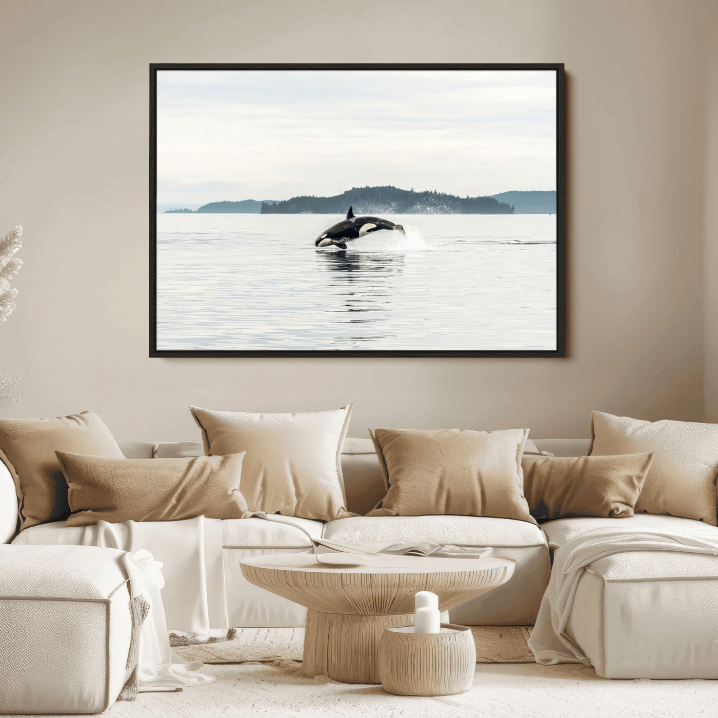 An orca jumping out of calm ocean waters with a misty island in the background, creating a serene and minimalist marine wildlife scene.