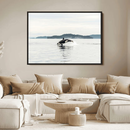 An orca jumping out of calm ocean waters with a misty island in the background, creating a serene and minimalist marine wildlife scene.