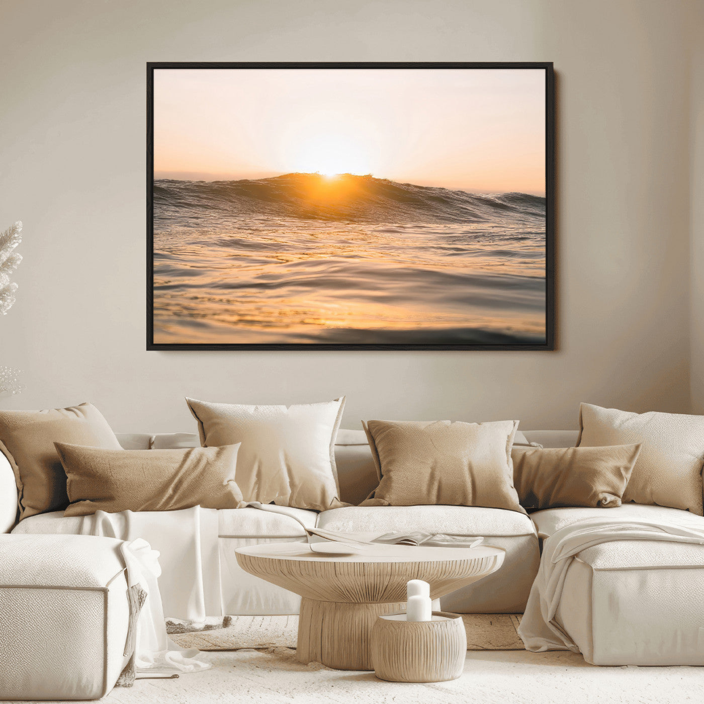 Ocean waves glowing under a warm golden sunset, reflecting soft light and calm movement, perfect for warm minimalist coastal interiors.