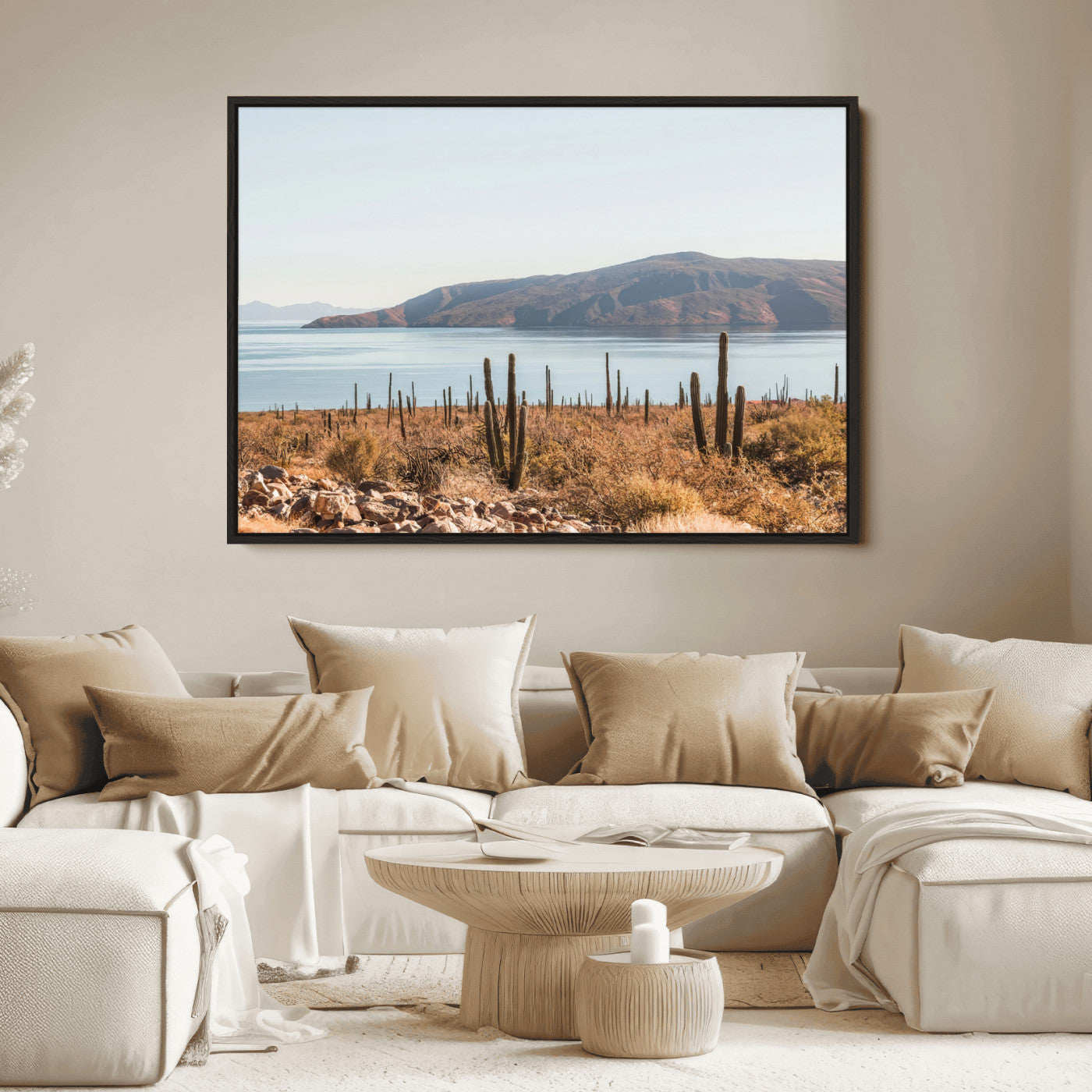 Warm desert landscape with cacti and coastal mountains, perfect for southwestern or earthy calm-themed home wall decor.