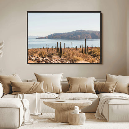Warm desert landscape with cacti and coastal mountains, perfect for southwestern or earthy calm-themed home wall decor.