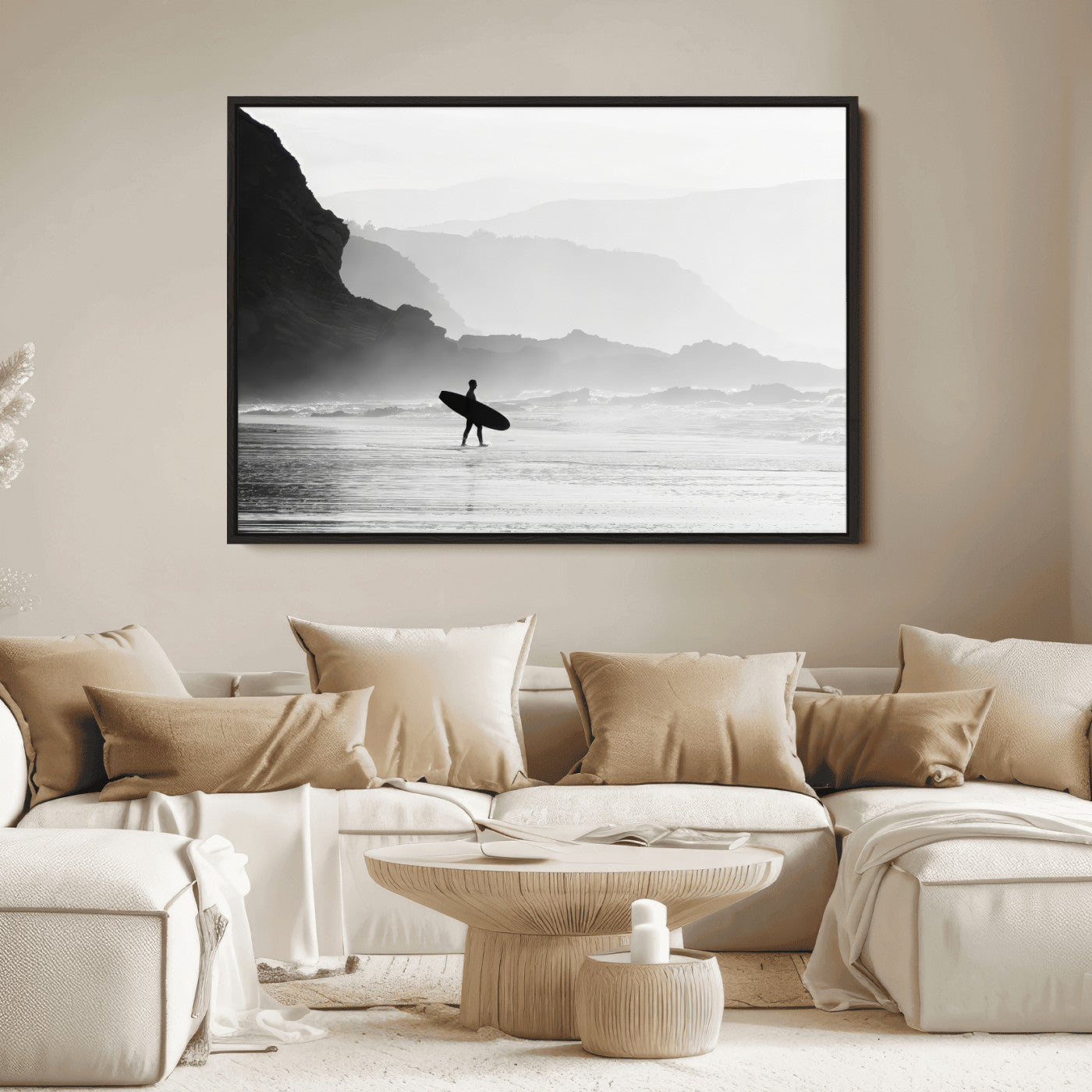 A lone surfer walking along a misty beach with cliffs in the background, carrying their board, capturing a serene and minimal ocean moment.