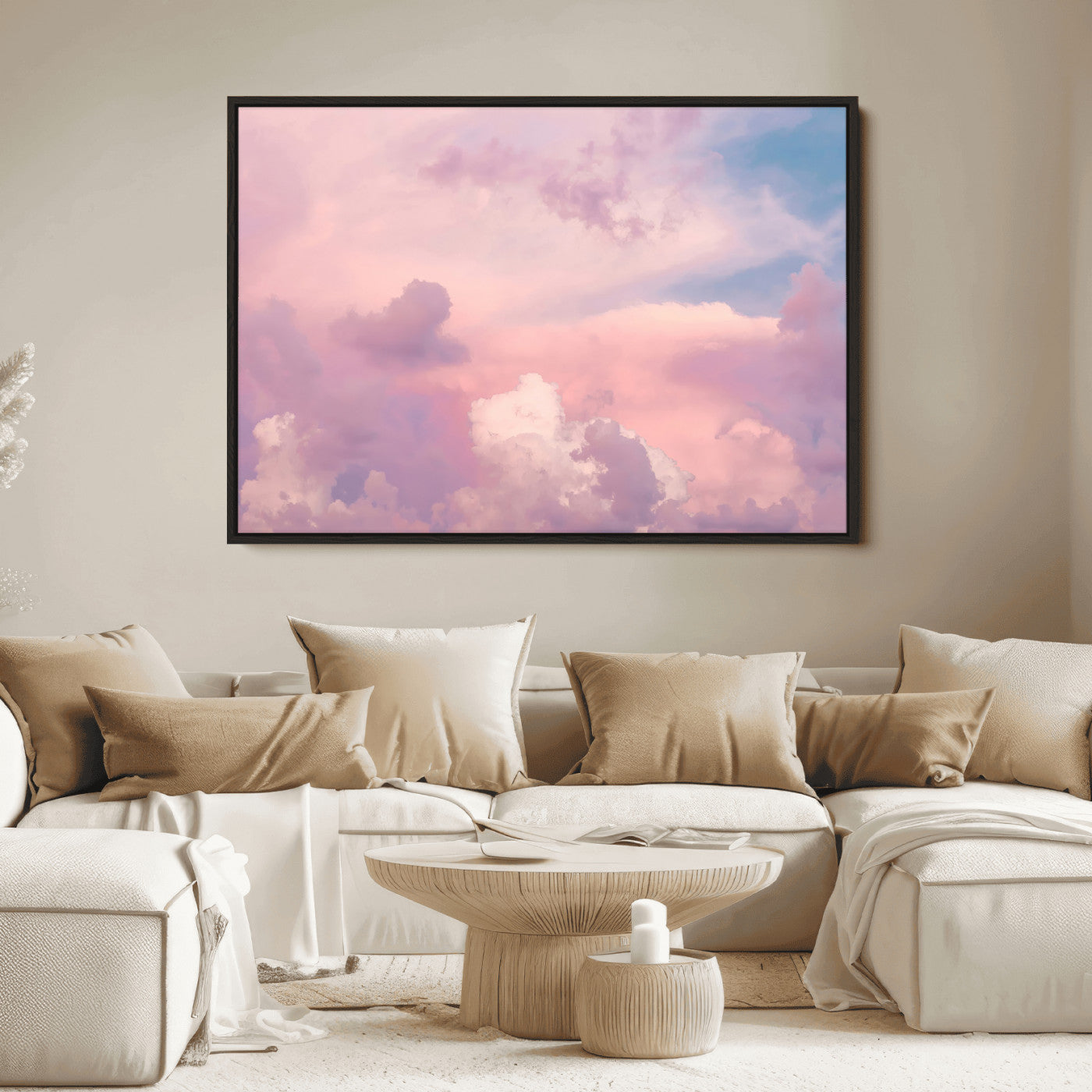 Soft pastel-colored clouds in shades of pink, purple, and blue, creating a dreamy and serene sky perfect for a calming decor touch.