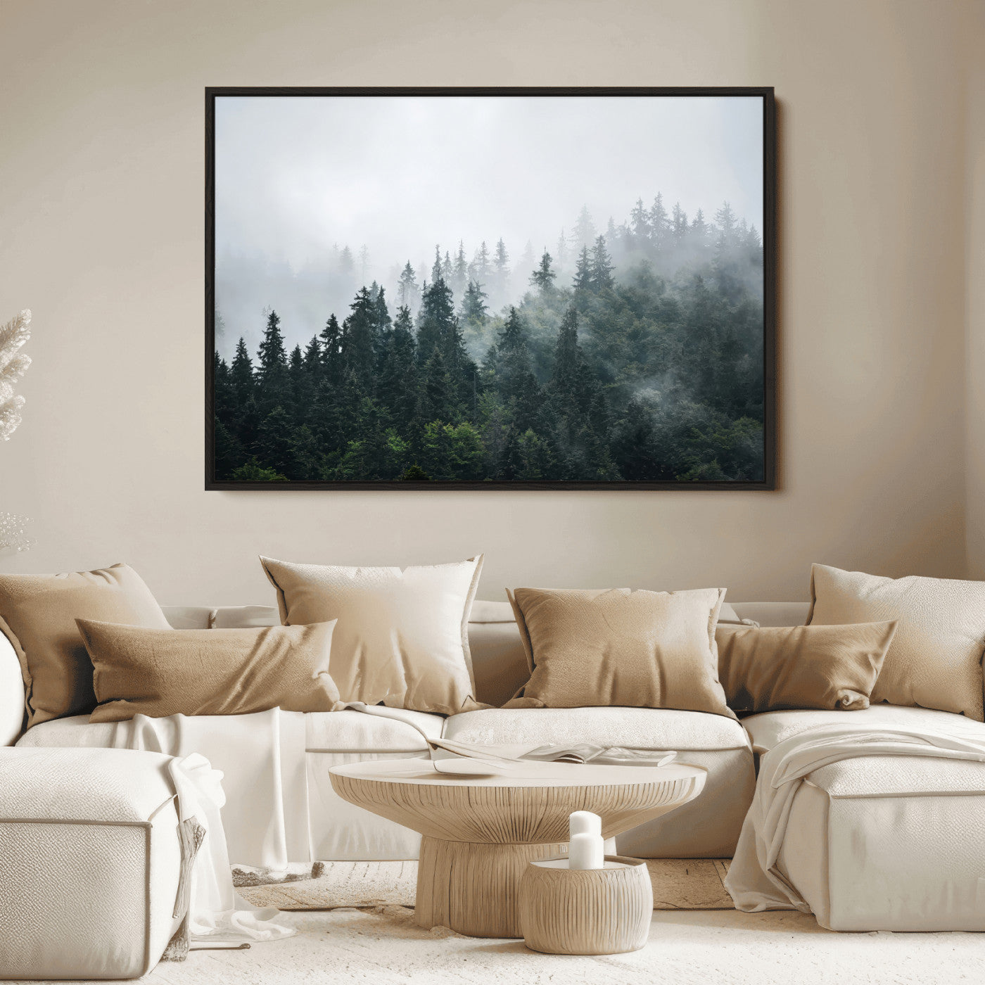 A misty evergreen forest shrouded in soft fog, creating a tranquil and moody landscape with lush green trees fading into the distance.