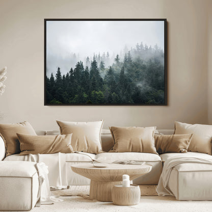 A misty evergreen forest shrouded in soft fog, creating a tranquil and moody landscape with lush green trees fading into the distance.