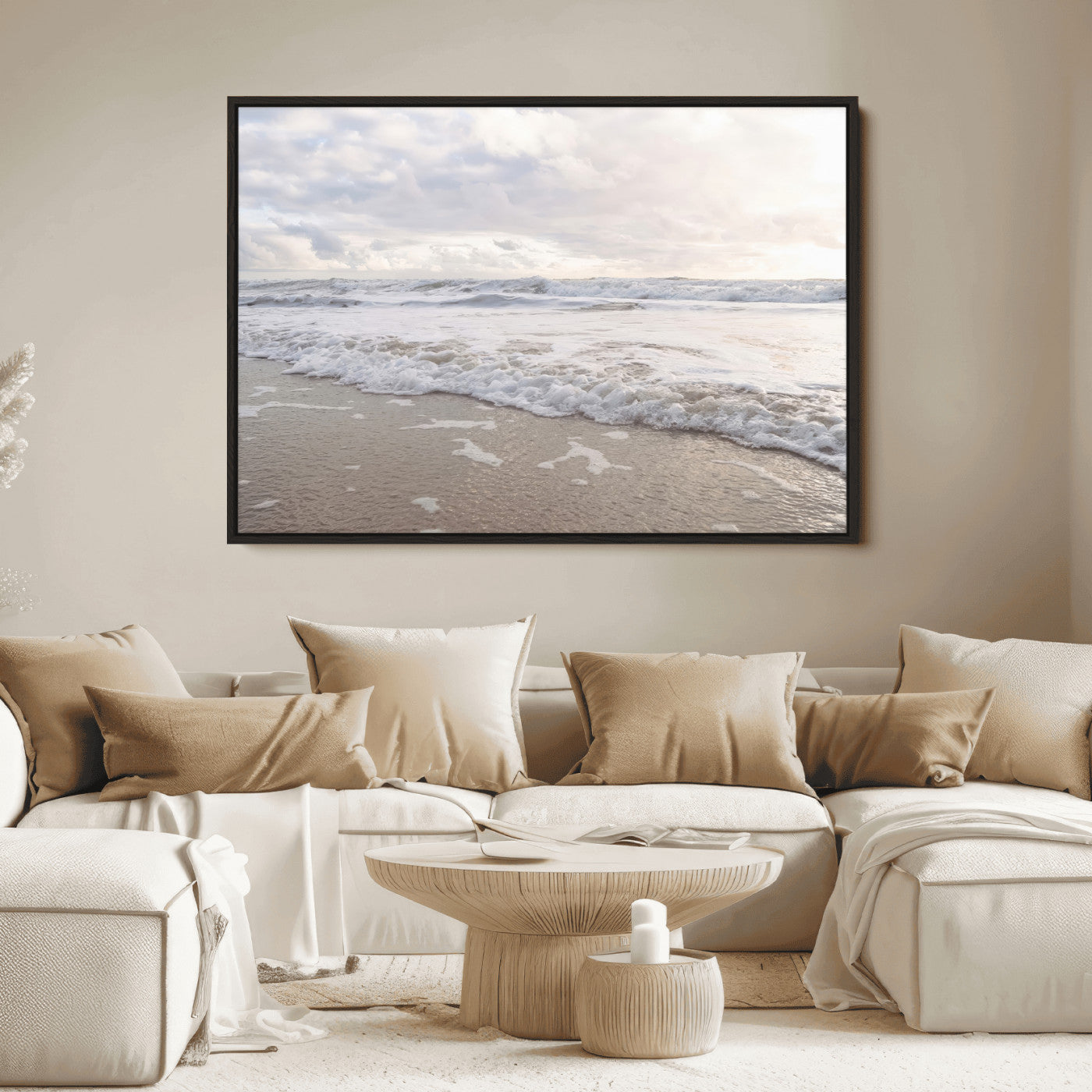 Peaceful ocean waves rolling onto the sandy shore under soft light, perfect for neutral or coastal minimalist decor themes.