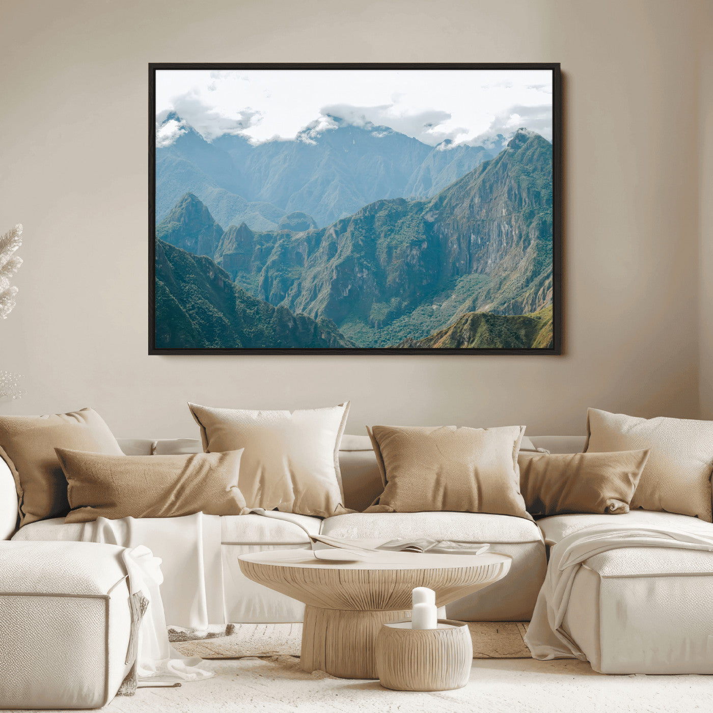 A misty mountain landscape with cloud-covered Andean peaks and lush green valleys, creating a dramatic and serene view, perfect for rustic or nature-inspired home decor.